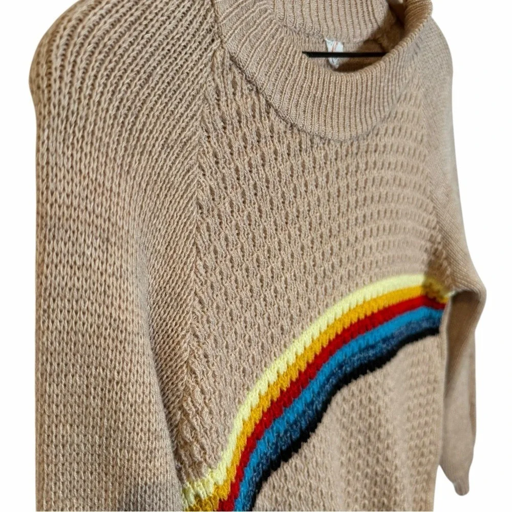 Vintage 90s Rainbow Stripe Knit Sweater Retro Y2K Fitted Crew Neck Neutral Cozy - Picture 3 of 9